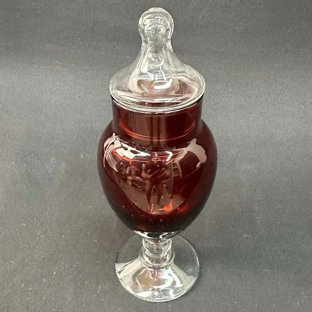 Anchor Hocking Royal Ruby Depression Glass Apothecary Jar With Clear Pedestal.
